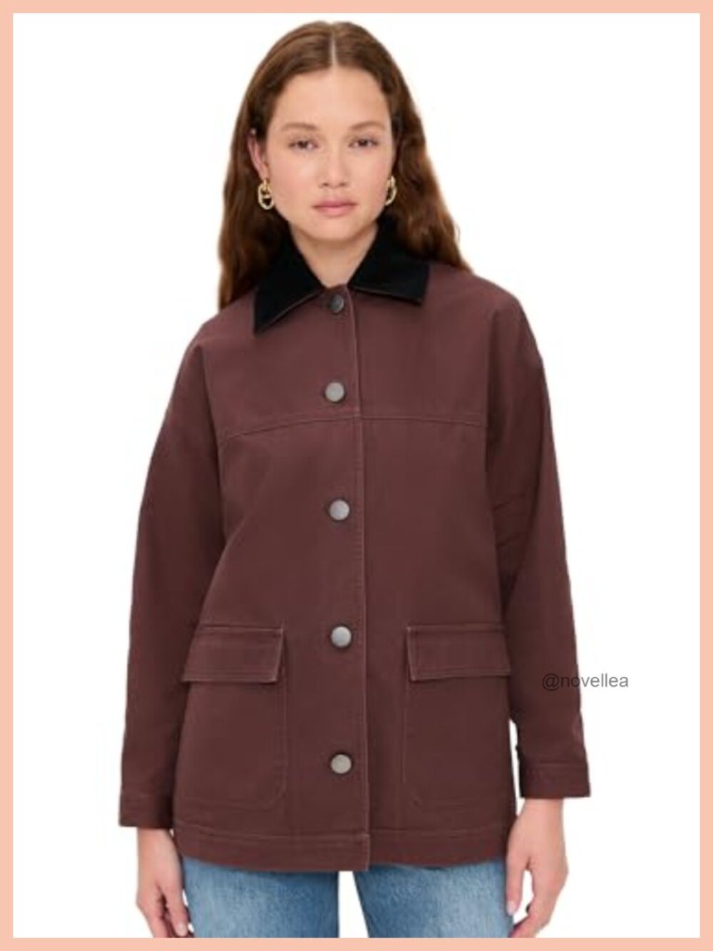 Oversized Mid-Length Canvas Barn Jacket Corduroy Trim Button Cuffs